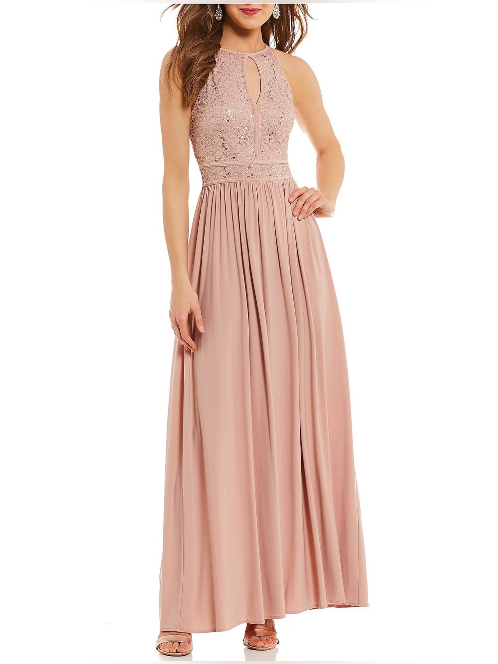 Morgan & Co. Lace Sequined Halter Keyhole Maxi Gown in Blush Pink Empire Waist